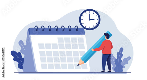 Young hispanic male scheduling with calendar and clock in office