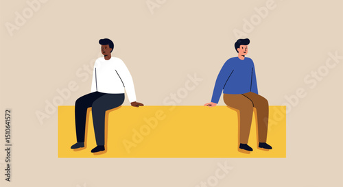 Two young adult males sitting on yellow block facing away from each other