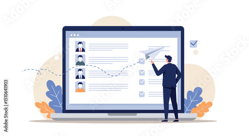 Businessman interacting with virtual profile dashboard on laptop screen