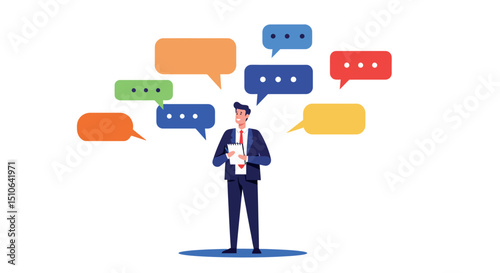 Young caucasian male professional with speech bubbles discussing communication ideas