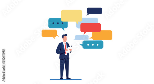 Male caucasian adult in business suit with colorful speech bubbles symbolizing communication