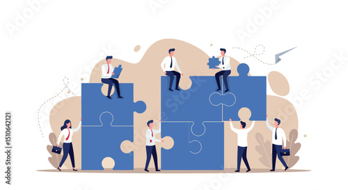 Team collaboration concept with people solving giant puzzle pieces