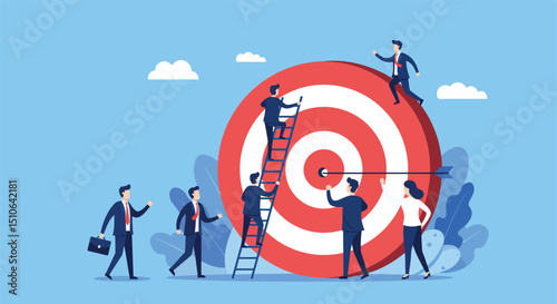 Conceptual illustration of business team reaching targets together
