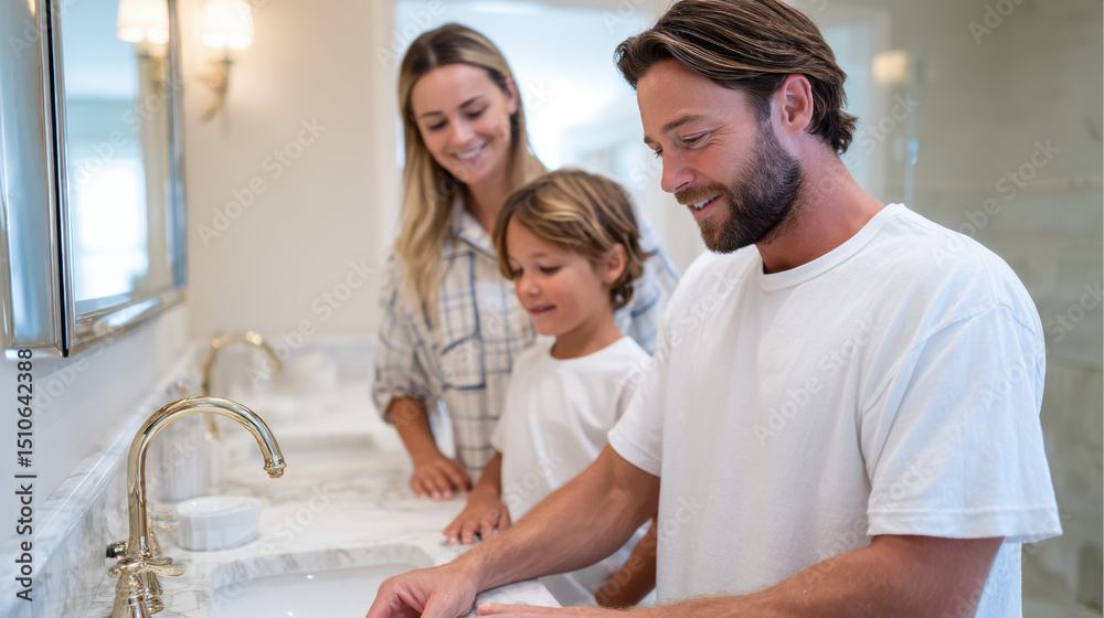 Obraz premium Happy family enjoying moment together in bathroom, with father washing his hands, mother and child watching, all smiling and relaxed in bright, modern space
