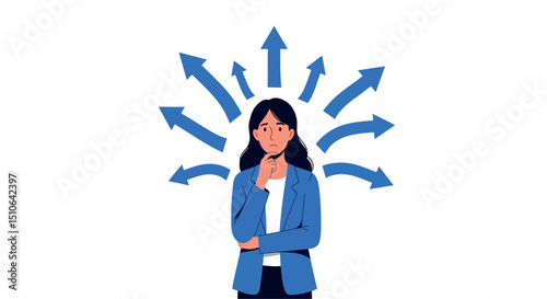 Young asian female decision-making expression with arrows indicating choices