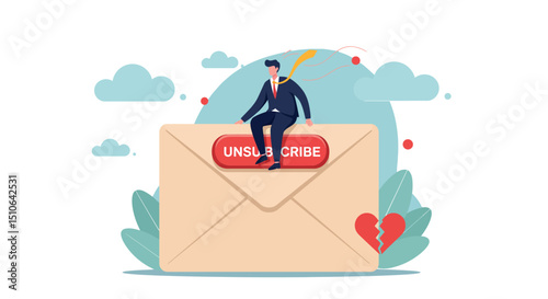 Male character sitting on envelope with unsubscribe button in conceptual illustration
