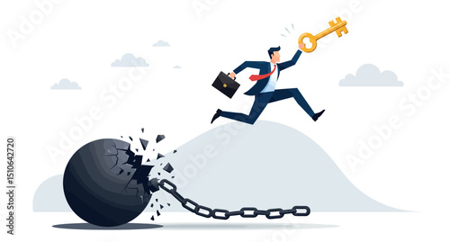 Businessman breaking free: escaping constraints with key to success