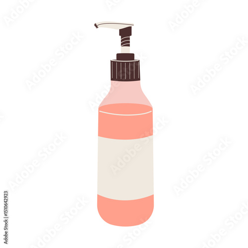 Pink container pump for shampoo, body gel, liquid soap, cream, cosmetic skin care products. Cosmetic bottle, isolated on a white background. Flat vector illustration.