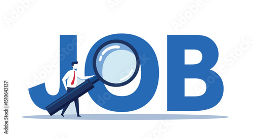 Job search concept: businessman with magnifying glass exploring employment opportunities