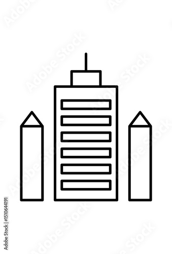 central high-rise flanked by towers. Minimalist drawing of a city skyline with distinct
