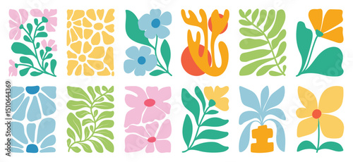 Botanical doodle background art vector set. Flower and leaves abstract shape doodle art design for print, wallpaper, clipart, wall art for home decoration.