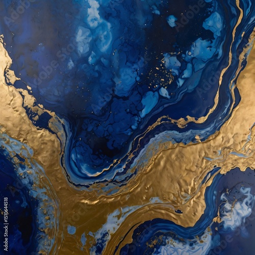 Mystic Tides: Deep Blue and Gold Ink Flow on Porcelain