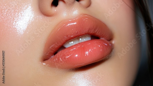 A model pressing a glossy lip tint onto her lips, the color melting in with a natural effect