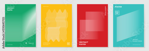 Abstract line wave gradient poster background vector set. Minimalist cover template with vibrant perspective line wave in motion. Ideal design for social media, cover, banner, flyer, music, ads.