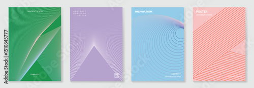 Abstract line wave gradient poster background vector set. Minimalist cover template with vibrant perspective line wave in motion. Ideal design for social media, cover, banner, flyer, music, ads.