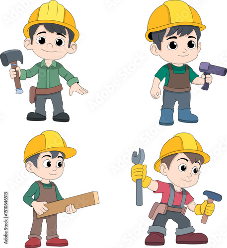 Cartoon Carpenter Characters Set with Tools in Vector Illustration