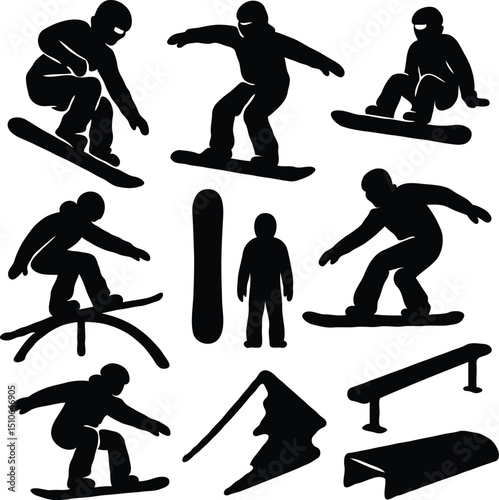 Silhouettes of snowboard players