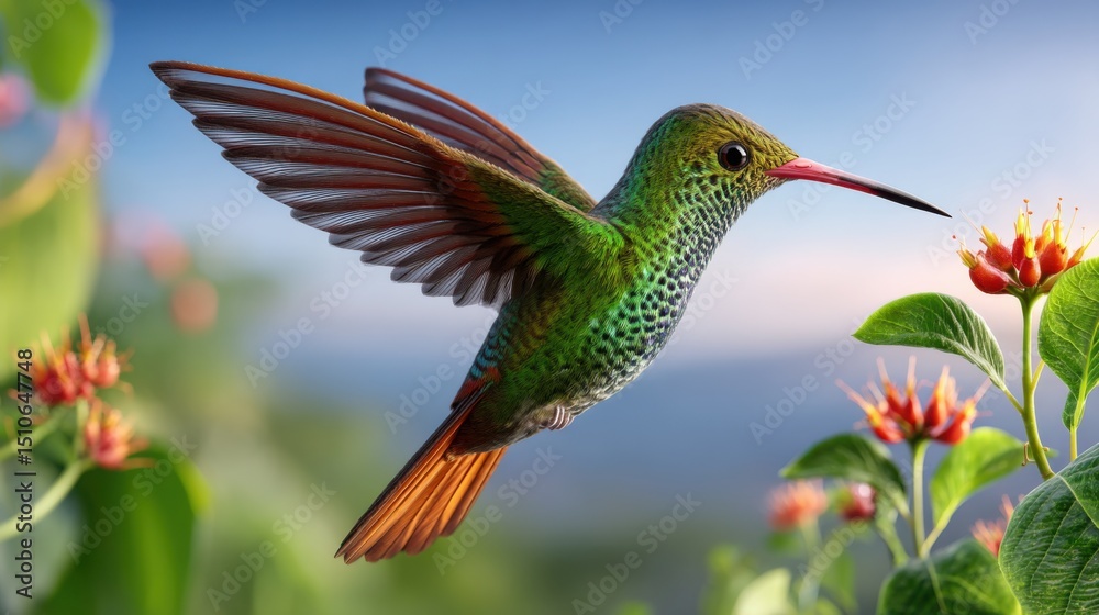Fototapeta premium Colorful hummingbird flying and approaching a flower
