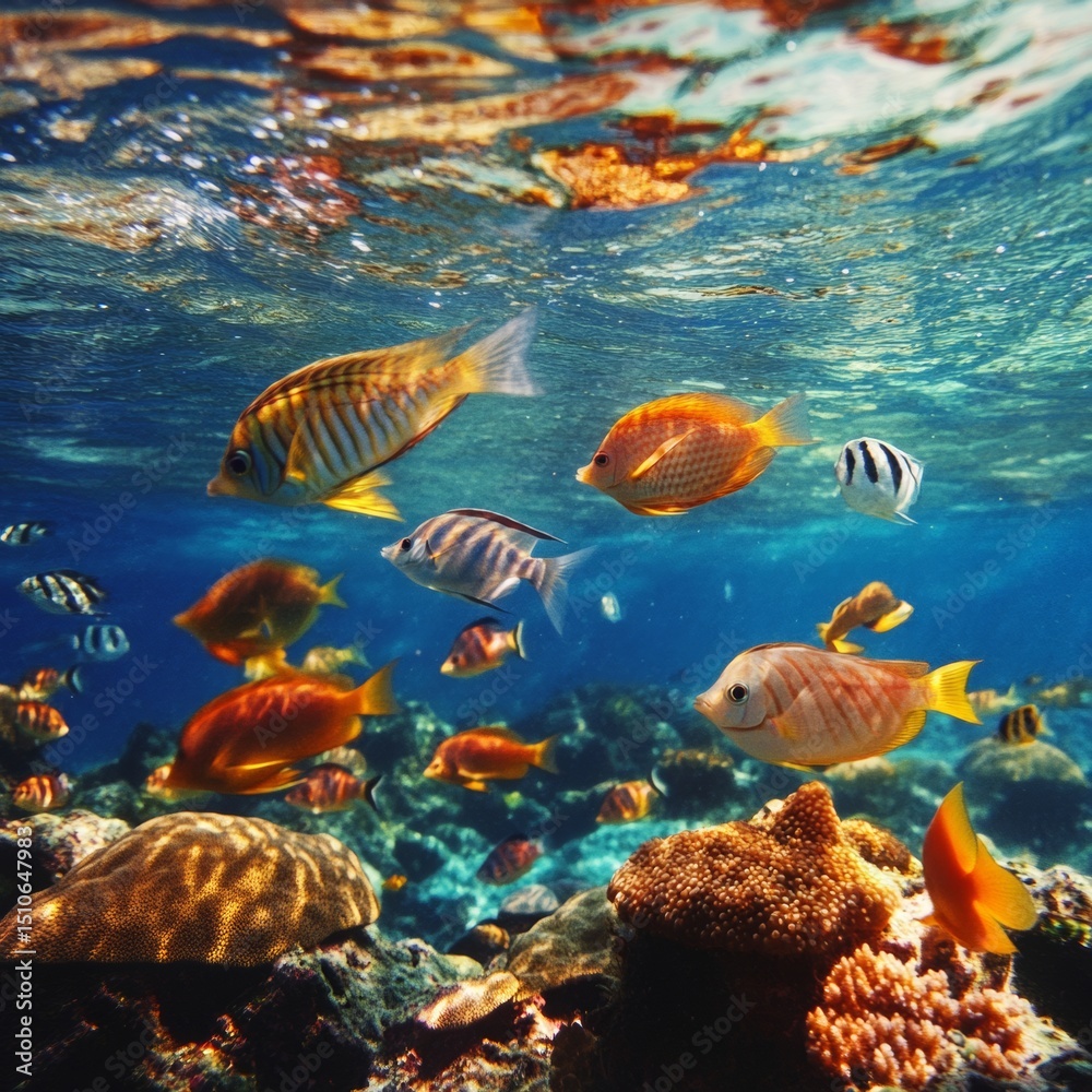 Fototapeta premium Colorful Tropical Fish Swimming in Clear Blue Ocean Waters