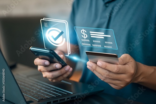 Secure Online Payment Transaction Process concept. A person confirming secure online payment using a credit card through a digital interface with a verification tick symbol. Internet banking, fintech,