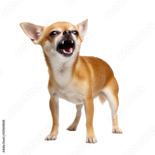 Angry chihuahua dog barking with mouth open isolated on transparent background, png