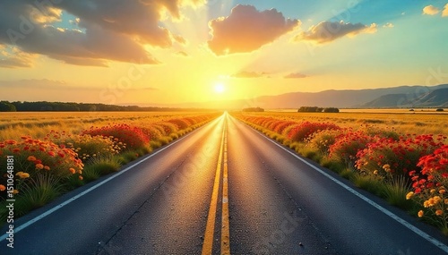 Sun-drenched highway stretching to the horizon, vibrant wildflowers blooming alongside, conveying the freedom and adventure of a road trip , summer, asphalt