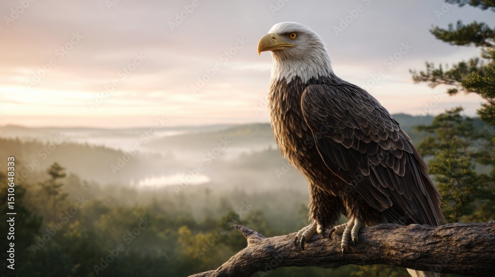 Fototapeta premium Majestic bald eagle perched on branch overlooking misty valley at sunrise