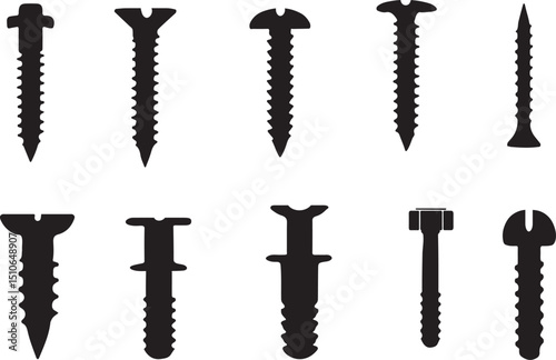 Silhouette Set of Screws, Bolts, and Fasteners on White Background.