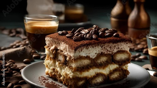 Delectable tiramisu dessert topped with cocoa powder and coffee beans served with espresso, culinary delight