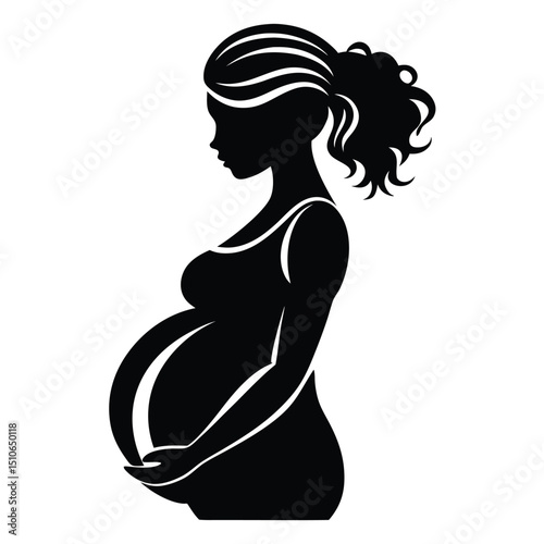 A pregnant girl with long hair holds a big belly close-up on a white background