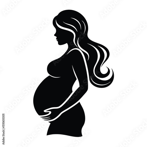 A pregnant girl with long hair holds a big belly close-up on a white background