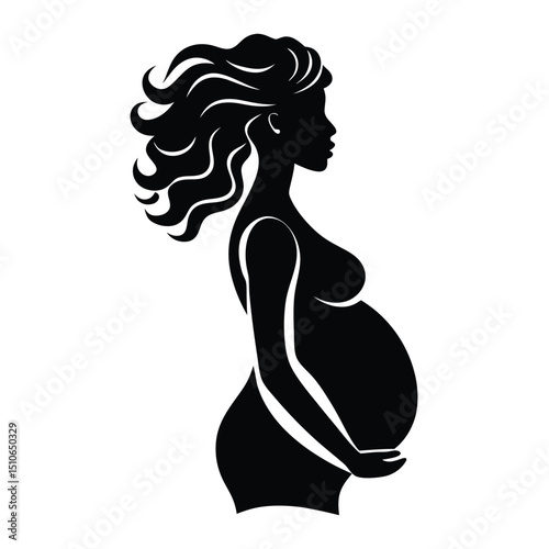 A pregnant girl with long hair holds a big belly close-up on a white background