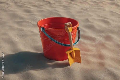 A red sand bucket on a beach, with yellow shovel inside.