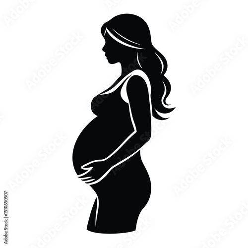 A pregnant girl with long hair holds a big belly close-up on a white background