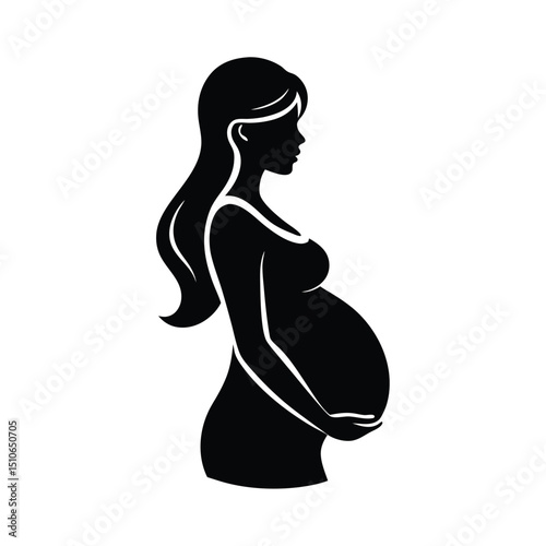 A pregnant girl with long hair holds a big belly close-up on a white background