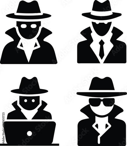 Mysterious Spy Vector  Icons Set – Secret Agent, Hacker, Detective Silhouettes in Hat and Glasses for Security, Privacy, or Cyber Themes