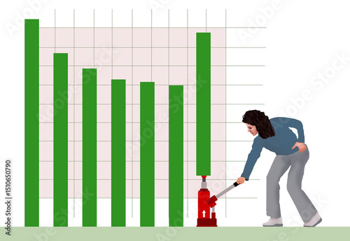 An investor, a woman, jacks up the bar on a stock market chart in a futile effort to regain her losses in this 3-d illustration.