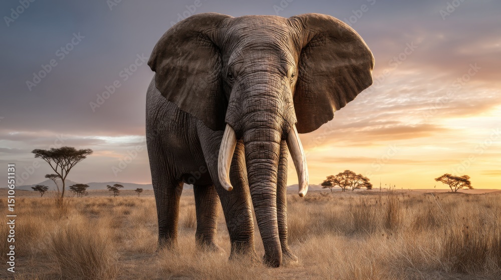 Naklejka premium Majestic elephant standing in the african savanna at sunset