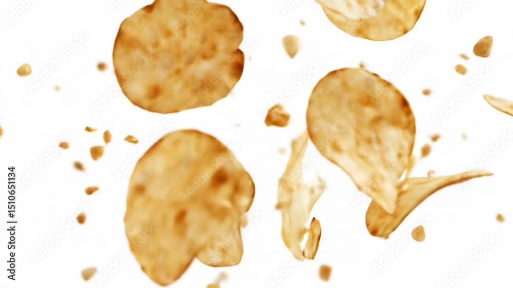Potato chips in mid air splash white background