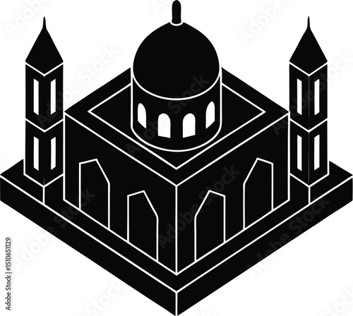 Black and White Mosque Icon Featuring Twin Minarets and a Central Dome