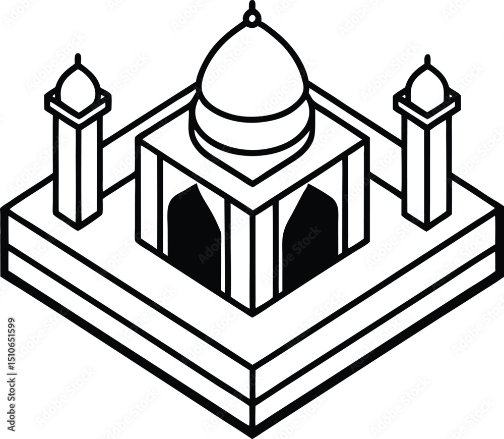 Obraz premium Isometric Drawing of Iconic Mosque with Domes and Tower Minarets