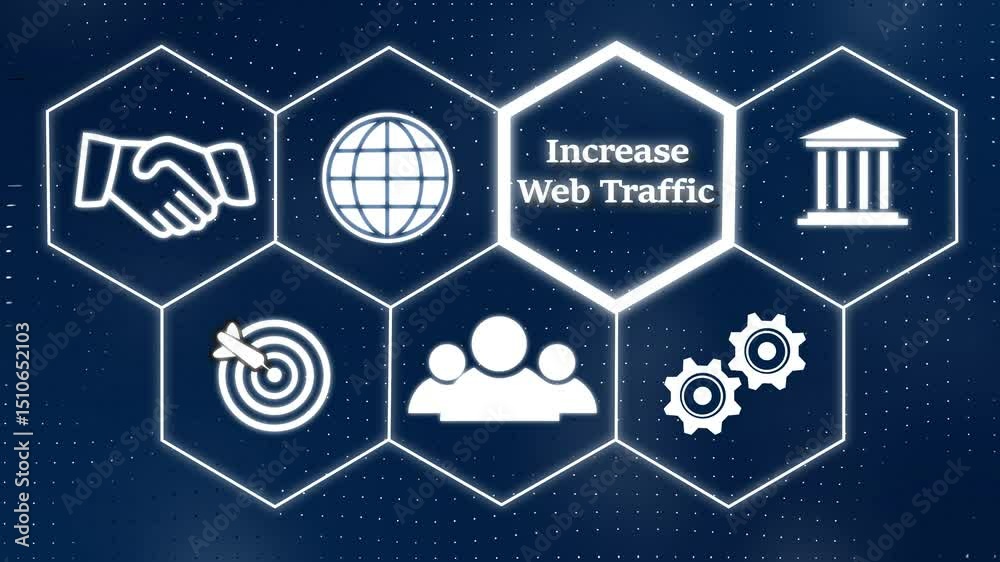 A Increase Web Traffic concept button on a futuristic. Abstract seamless animation of mesh glowing dots digital luxurious wave particles flows background. Motion of digital data flow.