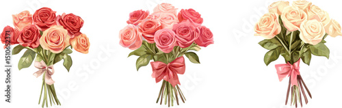 3 sets of beautiful rose bouquets with different patterns and colors, tied with ribbons, in clip art style and isolated on a white background