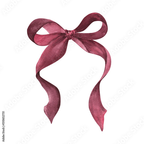 Burgundy red velvet ribbon bow tie. Hand drawn watercolor on white background for Valentines Day, Christmas, New year 