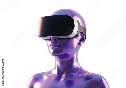 Isolated Abstract Metallic Figure Wearing Virtual Reality Headset