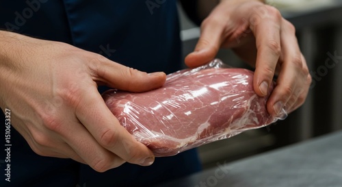 Hands wrapping meat package in clear plastic wrap in kitchen  
