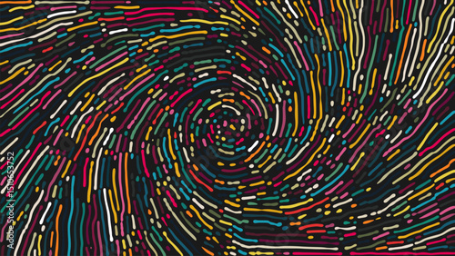 Creative artistic spiral pattern with vibrant colors and curved shapes. Colorful curved swirling brush strokes spins in dynamic flow. Bright flowing lines forming colorful spiral. Vector background