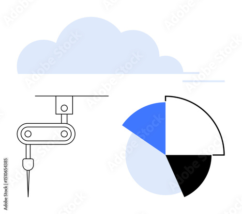 Robotic arm processing data with segmented pie chart atop cloud graphic. Ideal for innovation, automation, analytics, technology, cloud storage, artificial intelligence, smart solutions. Flat simple