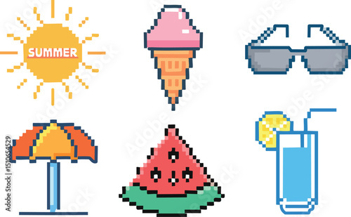 Bright pixel summer icon set: sun, ice cream, sunglasses, umbrella, watermelon, and lemonade.