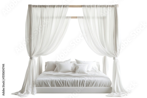 Elegant white canopy bed with flowing sheer curtains and matching pillows in a luxurious bedroom setting creating a romantic and airy atmosphere